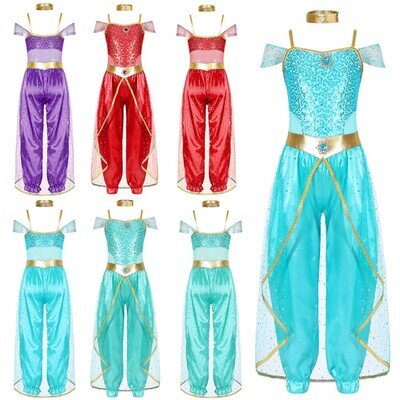 UK Kids Girls Arabian Princess Sequins Jumpsuit Cosplay Fancy Dress up Costume