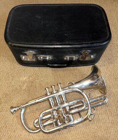 Antique Cased 3-Valve Silver Plated Silbron Class A Cornet By Boosey & Co 1927