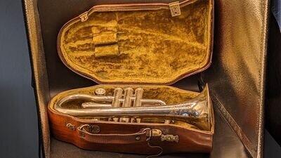 Antique LAKAYE BERTHRUME Silver Plated Cornet in Wooden Case