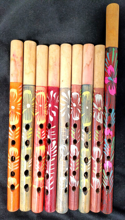 Set of folk musical instruments Ukrainian sopilka painted wooden pipe handmade