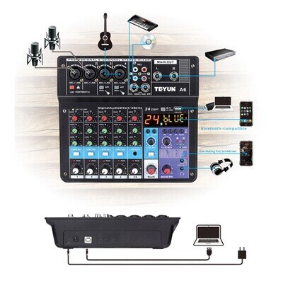 A6 6CH Protable Mini Mixer Audio Console with Sound Card USB Recording f5g4