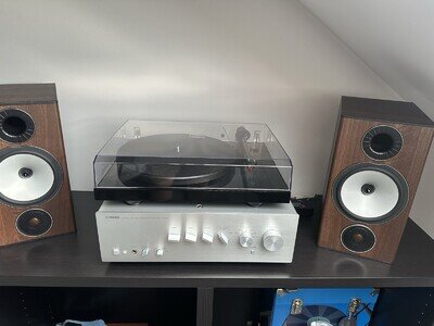 Vinyl Record Player, Yamaha Amplifier , Preamp, And Monitor Bronze Speakers.