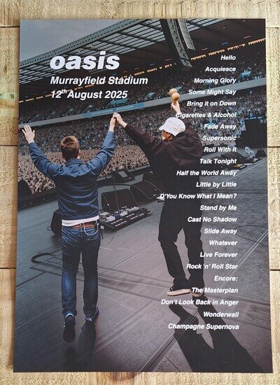 Oasis Live 25 A3 Setlist Poster Murrayfield Edinburgh Tuesday 12th August 2025