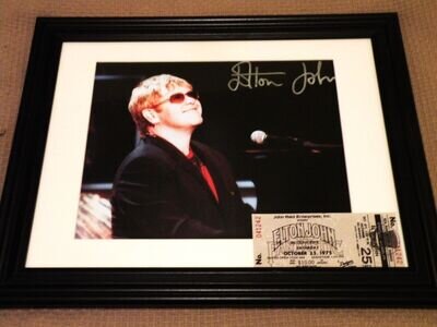 Elton John in Quality Glass Framed Autograph, Photo and ticket Reproduction