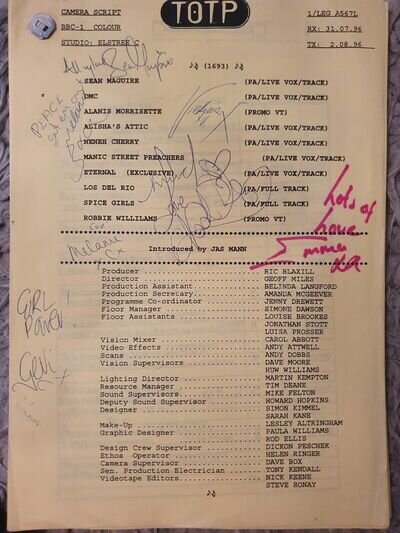 Spice Girls Top Of The Pops Autographed Script Spice Girls Top Of The Pops Autographed Script