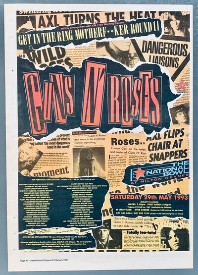 GUNS N' ROSES vintage 1993 UK ADVERT CONCERT MILTON KEYNES NATIONAL BOWL