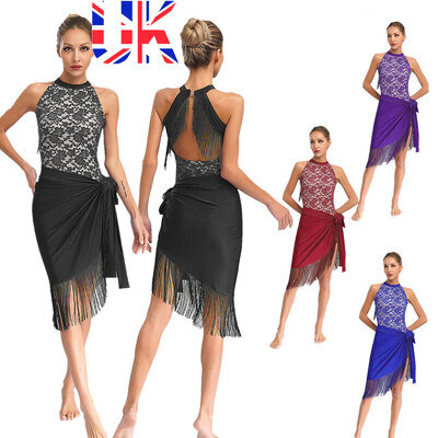 UK Womens Rumba Tango Lace Tassels Leotard with Fringe Skirt Latin Dance Outfits