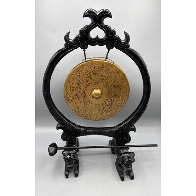 Vtg Asian Chinese Brass Gong Stand Mallet Foo Dogs Dragon Motif Decor