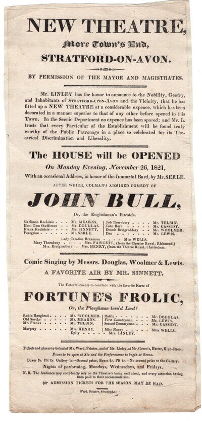 1821 Playbill New Theatre More Towns End Stratford-on-Avon Opening Performance