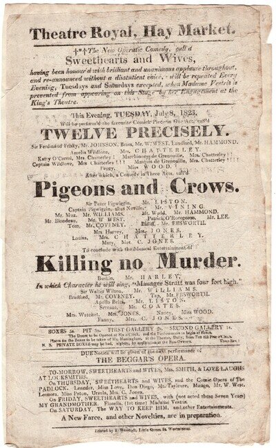 1823 Playbill Theatre Royal, Hay Market London Pigeons & Crows Killing No Murder