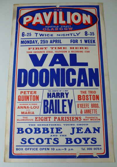 Val Doonican Harry Bailey Scots Boys Glasgow Pavilion Theatre Poster 1970's