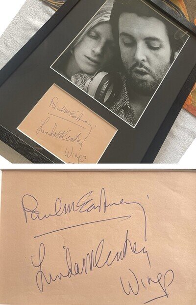 Original PAUL & LINDA McCARTNEY Wings signed autograph page FRAMED 1975 BEATLES