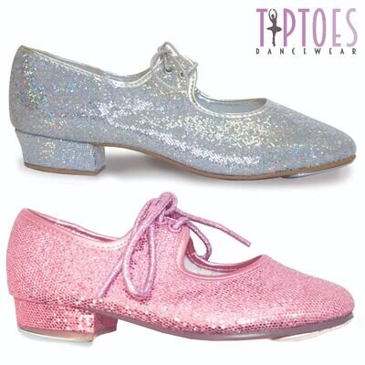 TIPTOES GIRLS LOW HEEL SILVER PINK GLITTER HOLOGRAM TAP DANCE SHOES CHILDS 6 - 2