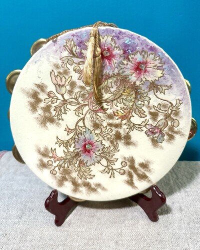 Rare OLD HALL ( British) Ceramic TAMBOURINE Transferware EUC 18. - 190. Floral