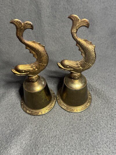 Vintage Solid Brass Dolphin / Fish Handle Bells (Pair)