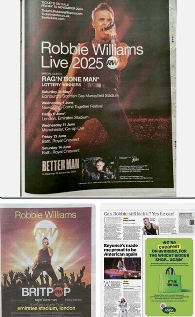 2 Robbie Williams Live Tour Dates Ad & Review 2025 News Advert Poster 14x11 2 Robbie Williams Live Tour Dates Ad & Review 2025 News Advert Poster 14x11