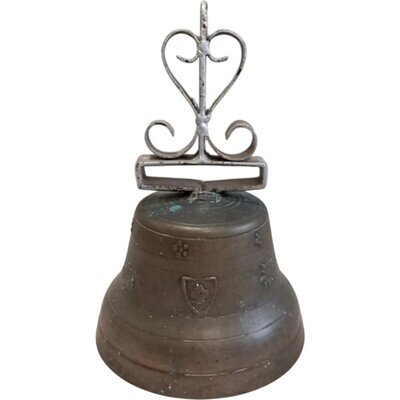 Antique Iron Bell With Ornate Handle Embossed Design Decorative Piece