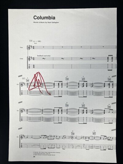 Oasis Signed Song Sheet – “Columbia” (1994) Featuring Liam Gallagher’s Autograph