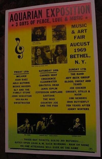 1969 WOODSTOCK MUSIC FESTIVAL CONCERT POSTER ART 60's Grateful Dead Bethel NY
