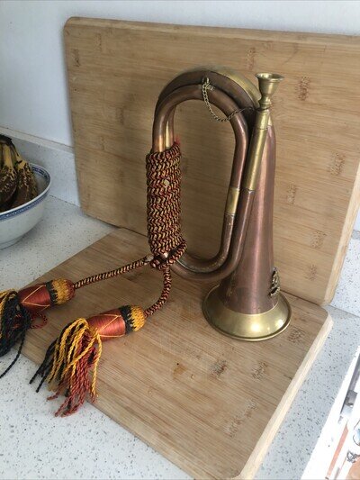 Vintage Copper / Brass Bugle Trumpet Horn With Regiment Badge & Cord Tassels