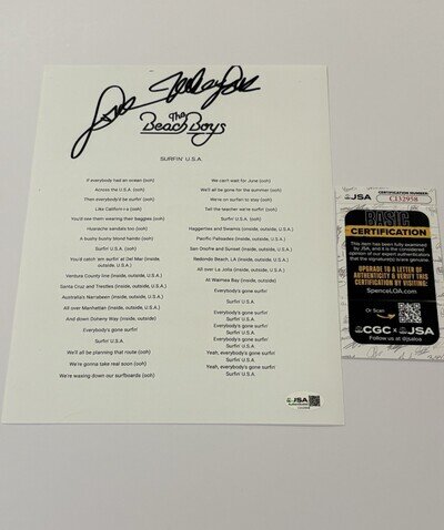 JSA COA MIKE LOVE Signed Autographed Surfin USA Lyrics Sheet Beach Boys
