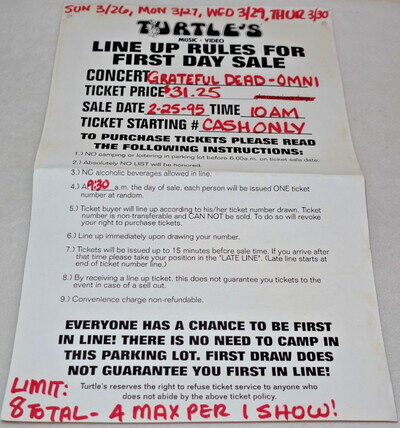 1995 Grateful Dead Atlanta First Day Concert Ticket Sale Turtle's Records Poster