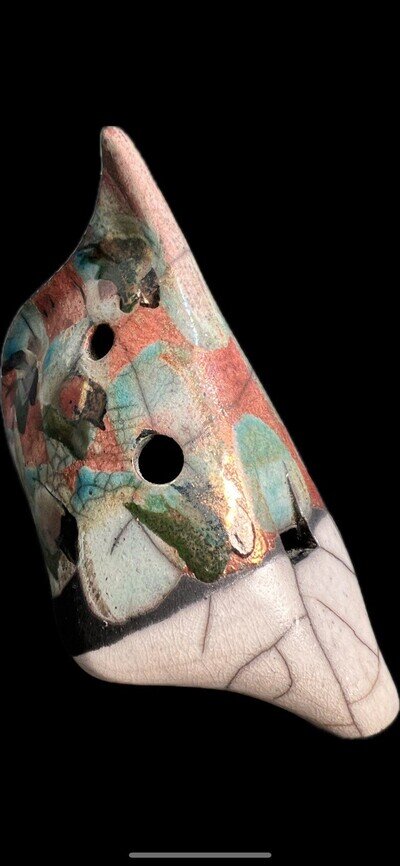 Vintage Multi Color RAKU Glazed Pottery Fish Ocarina Flute Instrument