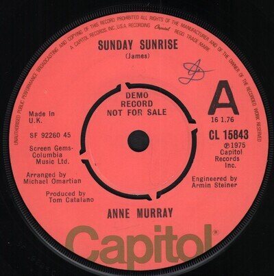 Anne Murray Sunday Sunrise 7" vinyl UK Capitol 1975 Demo - writing on A-side