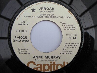 Anne Murray Uproar 7" Capitol P4025 EX 1974 US pressing, demo