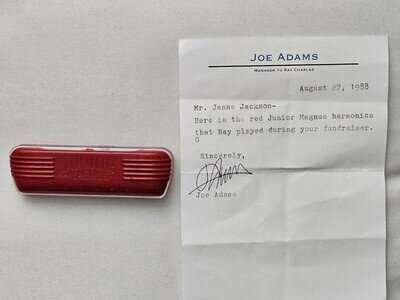 RAY CHARLES STAGE PLAYED AND USED HARMONICA WITH SIGNED LETTER FROM MANAGER