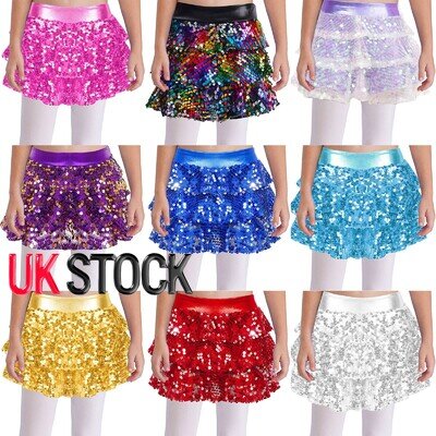 Girls Sequined Tiered Skirt Kids Metallic Glitter Party Dance Culottes Dancewear