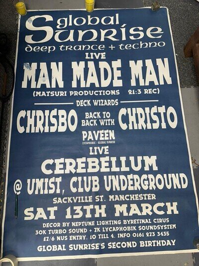 Global Sunrise Rave Poster – Man Made Man – UMIST Manchester – 1990s
