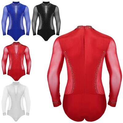 UK Men's Shiny Rhinestone Latin Tango Dance Shirt Leotard Ballroom Dance Costume