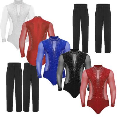 Men's Latin Jazz Dance Outfits Shiny Bodysuit with High Waist Straight Leg Pants