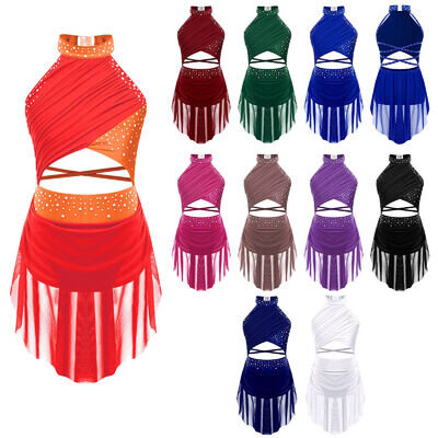 Girl's Lyrical Dance Costume Sparkle Rhinestone Jazz Modern Dress High-Low Skirt