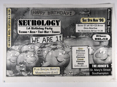Original 1996 Joiners Arms Poster – Neurology 1st Birthday / Mandragora Live