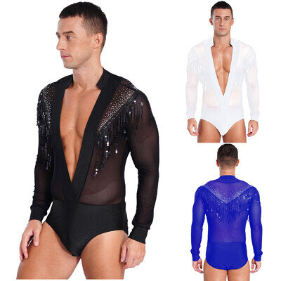 UK Mens Shiny Latin Dance Shirt Tassels Bodysuit Samba Salsa Latin Modern Dance