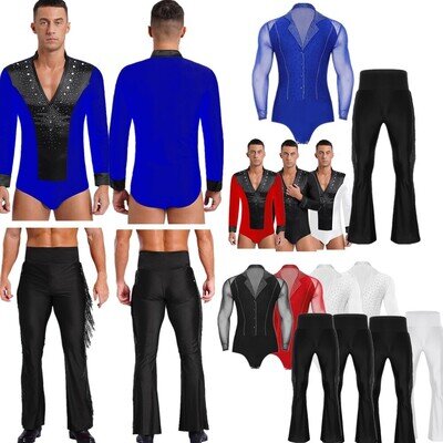 UK Men Latin Jazz Dance Shirt Long Sleeve Leotard with Tassel Pants Dancewear