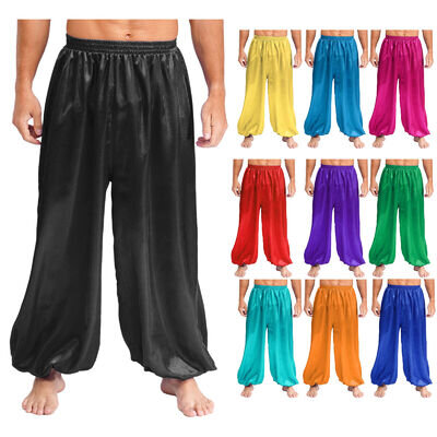 UK Men Belly Dance Pants Satin Silky Loose Bloomers Arabian Prince Costume Party