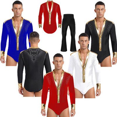 UK Men Outfit Rumba Jumpsuit Dancewear Sheer Deep V Neck Professional Dance