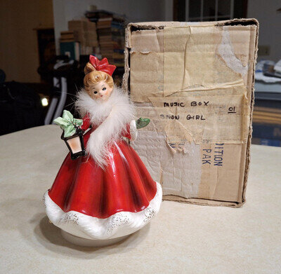Vintage Josef Originals Christmas Victorian Girl Musical Box Figurine MCM Japan