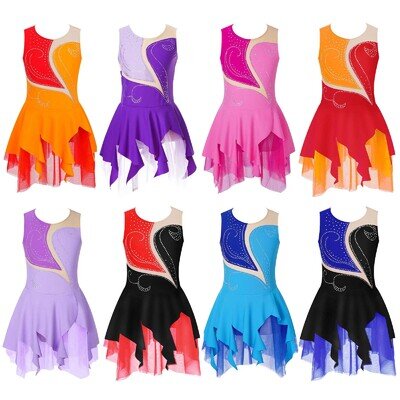 UK Girls Ballet Dance Sleeveless Mesh Patchwork Figure Ice Skating Leotard Dress