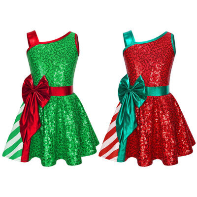 UK Girls Candy Cane Costume Christmas Performance Dance Gymnastics Leotard Dress