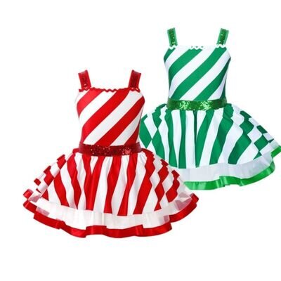 Kids Girls Christmas Candy Cane Costume Figure Ice Skating Dance Leotard Dress