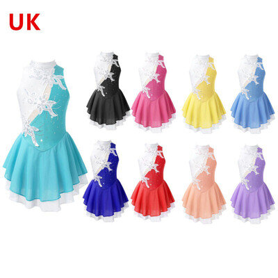 UK Girls Roller Figure Ice Skating Dress Sequins Floral Sleeveless Leotard Dress
