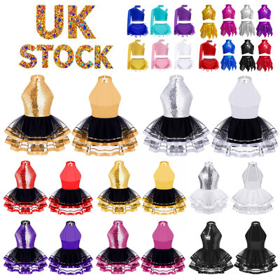 UK Kids Girls Sparkly Sequin Tutu Dress Halter Jazz Dance Leotard Dress Costume