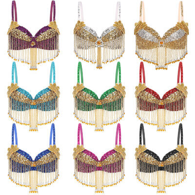Women Sequin Beaded Belly Dance Tops Underwired Bra Tassels Bustier for Carnival