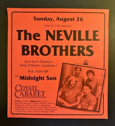THE NEVILLE BROTHERS Original 80’s Concert Poster Cotati California New Orleans