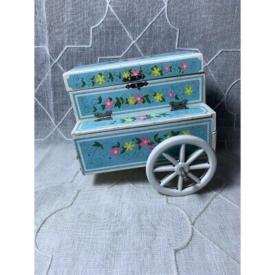 VTG Music Box Floral Cart Jewelry Velvet Song Blue Danube Waltz Made In Japan