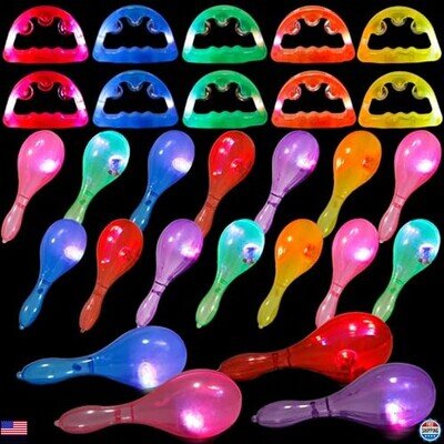 28-Piece LED Light-Up Percussion Set: 18 Tambourines & 10 Glow-in-Dark Maracas